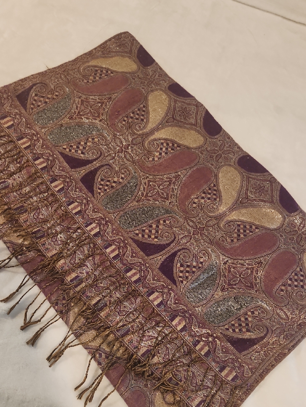 Embroidered Paisley Fringe Scarf in Plum and Gold